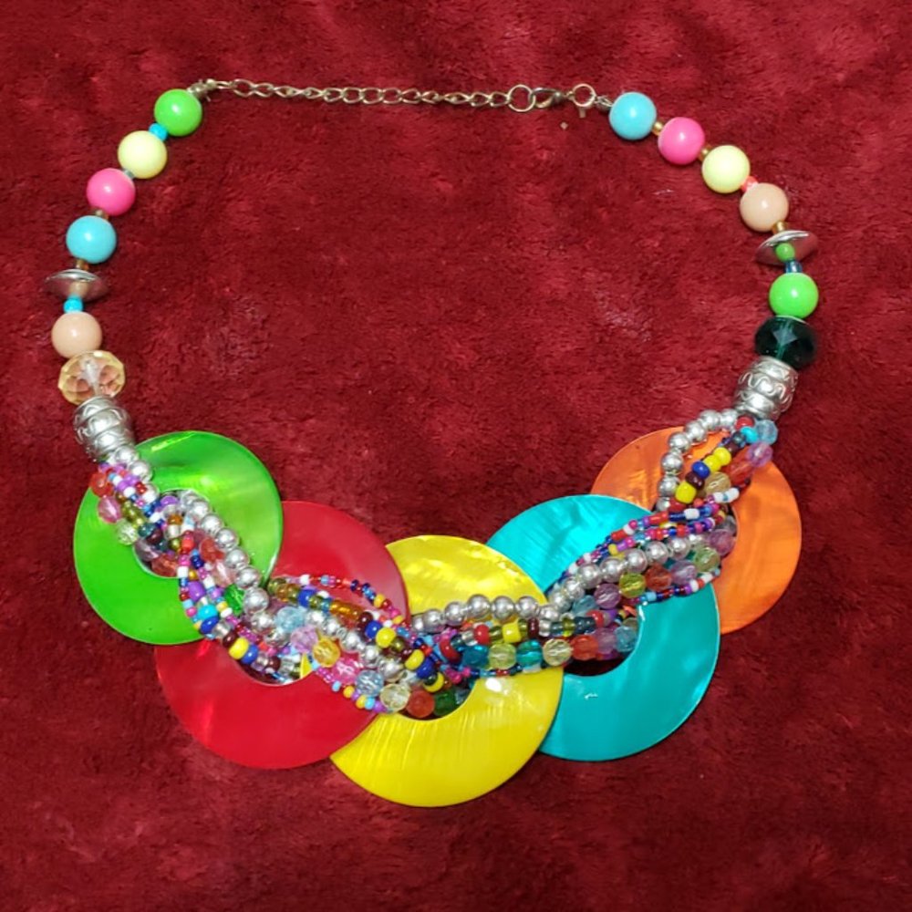 Multi-Color Disc and Bead Statement Bib Choker Necklace
